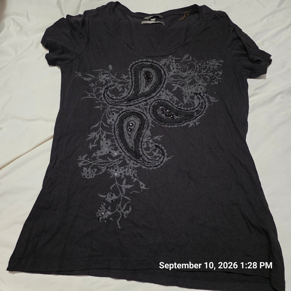 Popori Womens Black Hand Embellished Paisley Graphic Scoop Neck T-Shirt Large